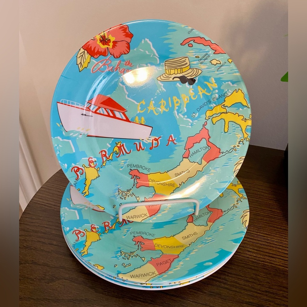 Colorful Caribbean Themed Melamine Plates, Set of Four